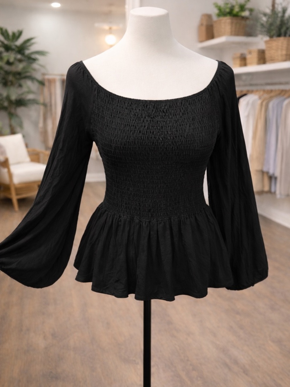 White Birch Black Smocked Off Shoulder Peplum Top 1X NWOT